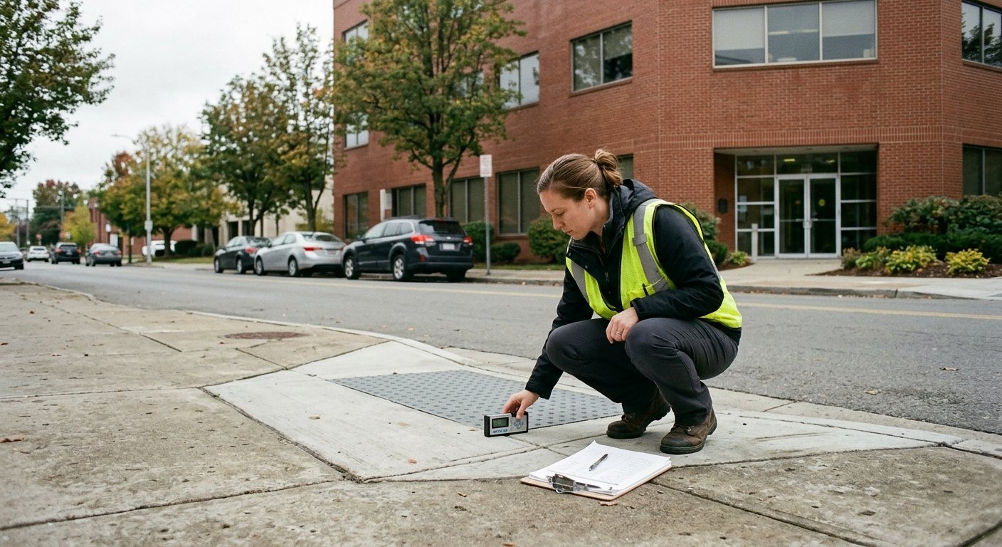 Auditor crouching on a commercial sidewalk pressing a digital slope meter to concrete near a curb ramp, clipboard nearby