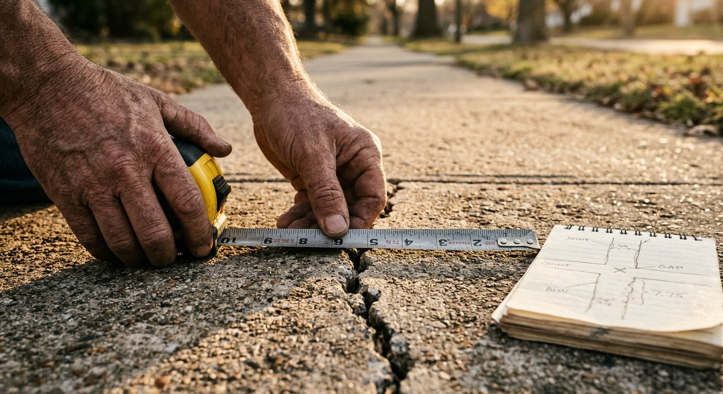 Hands stretching a metal measuring tape across a concrete sidewalk joint, with a path-mapping notebook beside it on the pavem