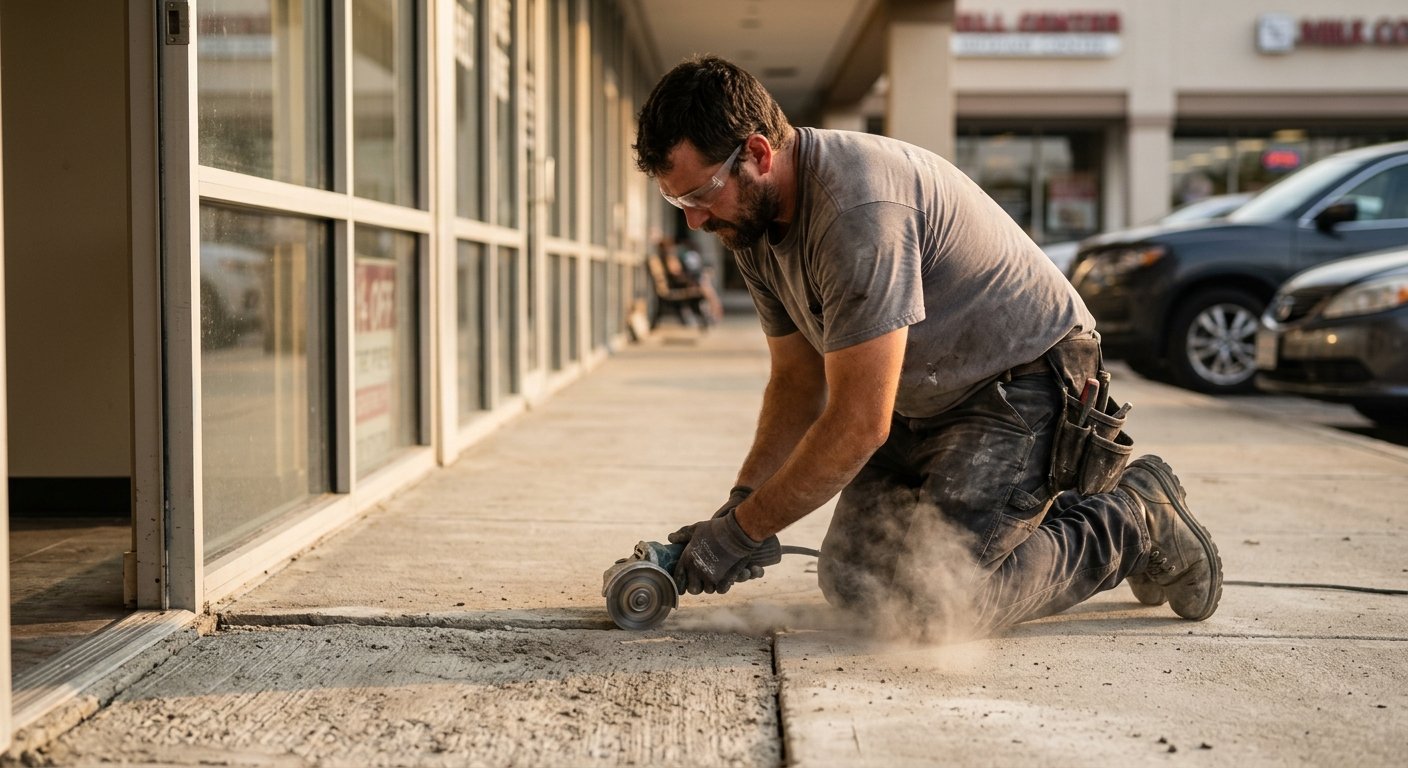 Worker in safety glasses grinds a concrete sidewalk joint near a retail entrance in late-afternoon sunlight, dust rising from
