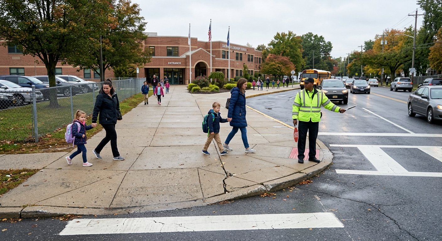 Crossing guard and parents with children walking along a cracked school entrance sidewalk during morning drop-off