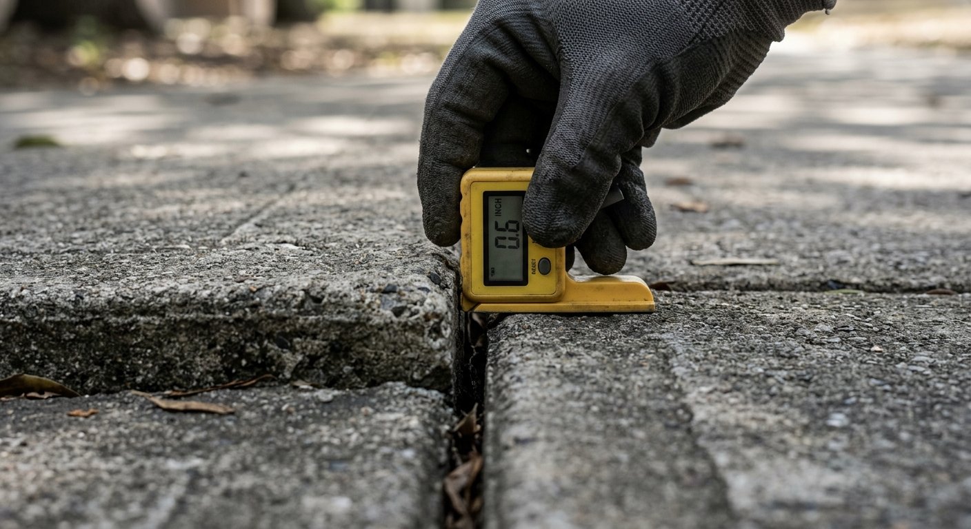 Gloved hand pressing a slope gauge against a concrete sidewalk joint showing a vertical height change between two slabs