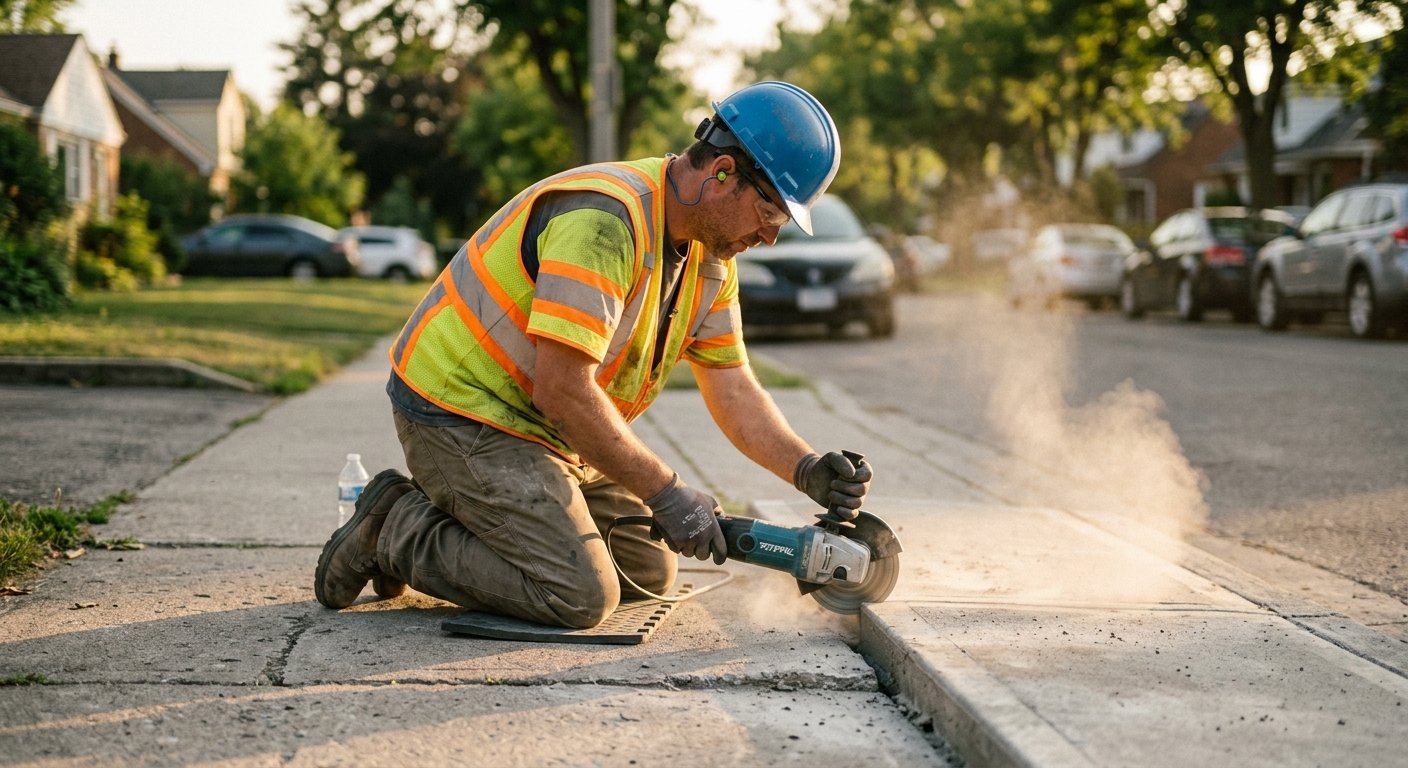 Concrete technician kneeling on a sunlit sidewalk, grinding a raised slab edge to create a smooth beveled transition.