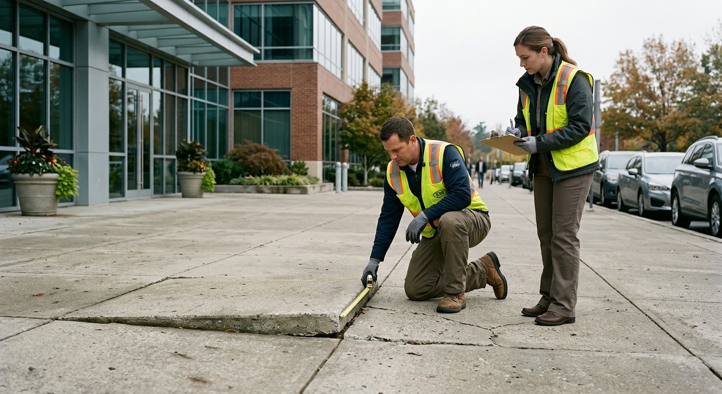 Facilities manager crouching to measure a raised sidewalk panel edge outside an office building while a colleague records not