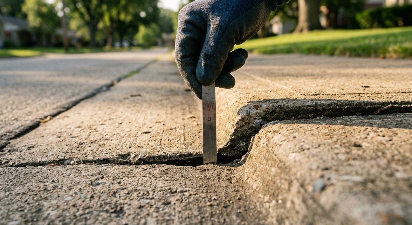 Gloved hand pressing a metal feeler gauge into a raised concrete sidewalk joint to measure the vertical height difference