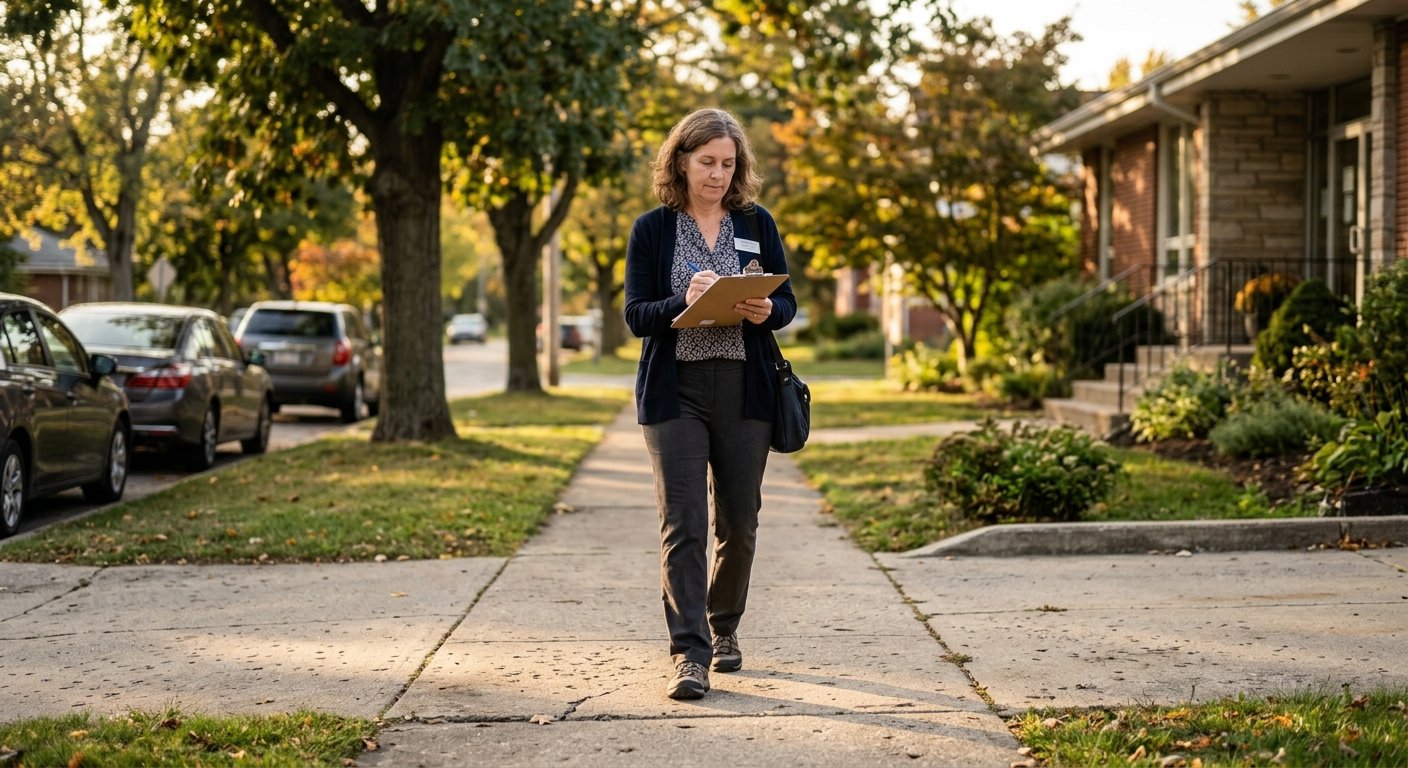 Woman walking a sidewalk route with clipboard, looking down at pavement in late afternoon light