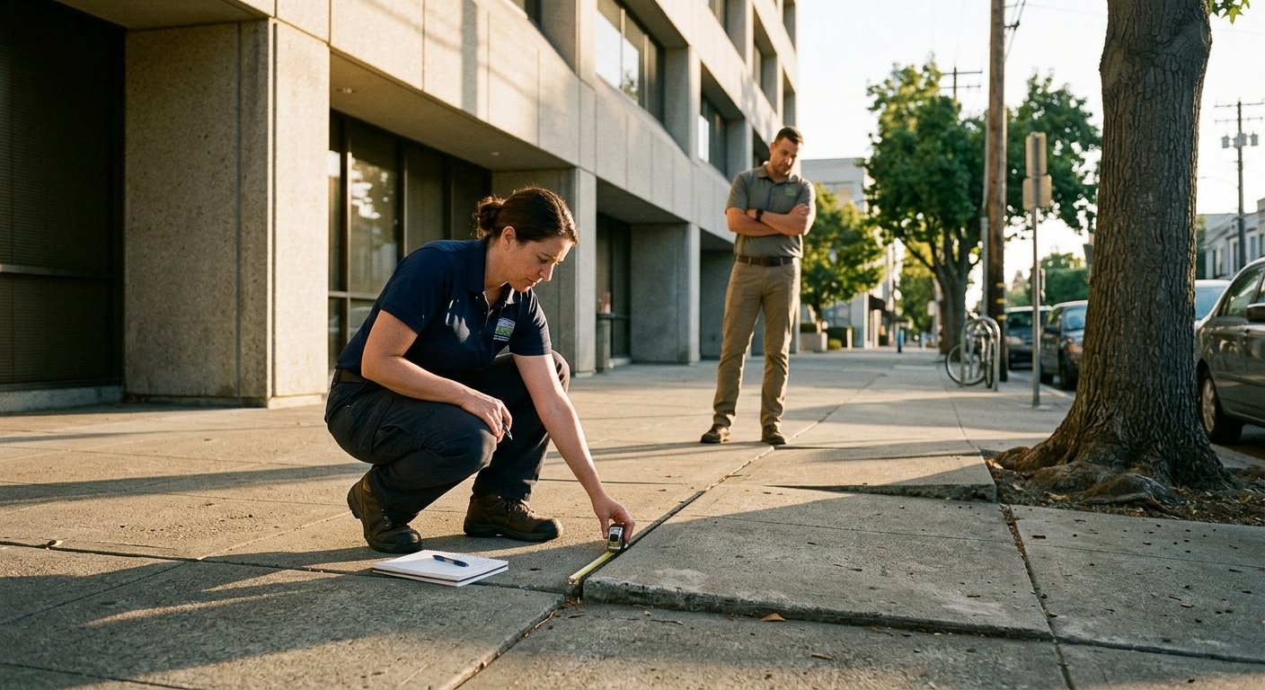Facilities manager crouching to inspect a raised sidewalk joint outside an office building while a colleague looks on