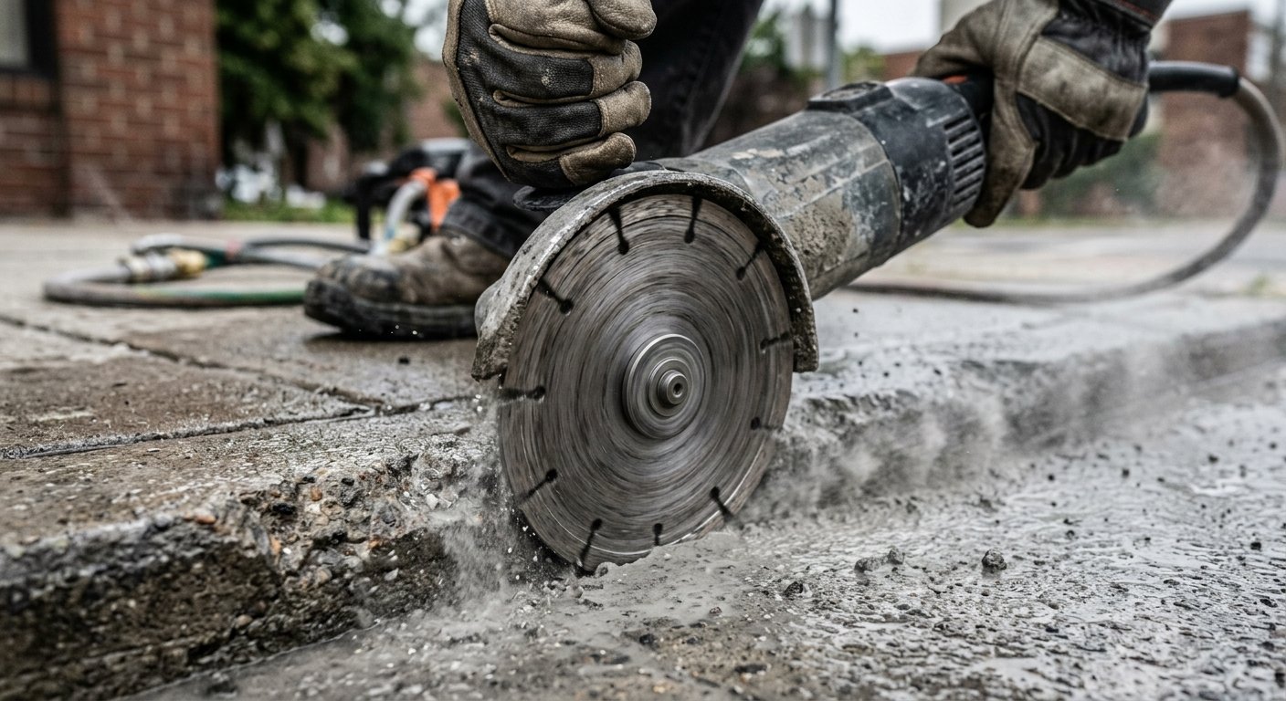 Close-up of a concrete grinding disc cutting a raised sidewalk joint, gloved hands on the machine, dust and mist spraying