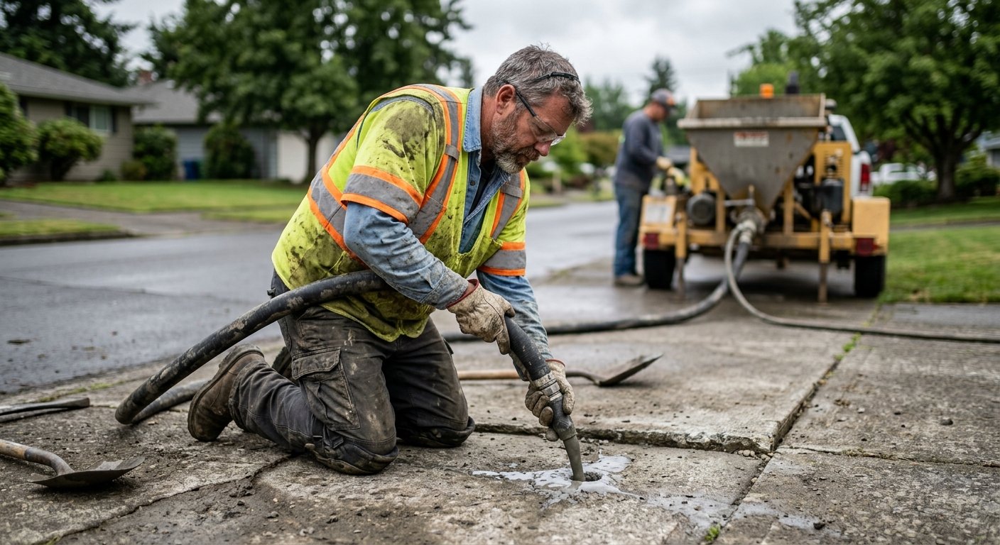 Technician kneeling on a residential driveway, pressing a mudjacking pump hose into a drilled hole in a sunken concrete slab