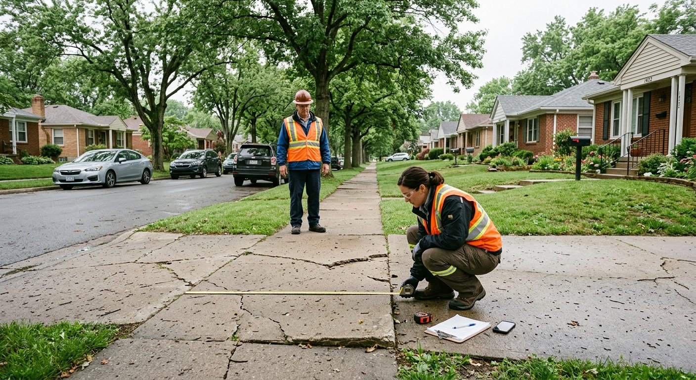 Two workers in safety vests measuring a cracked raised sidewalk panel on a residential street lined with trees and houses