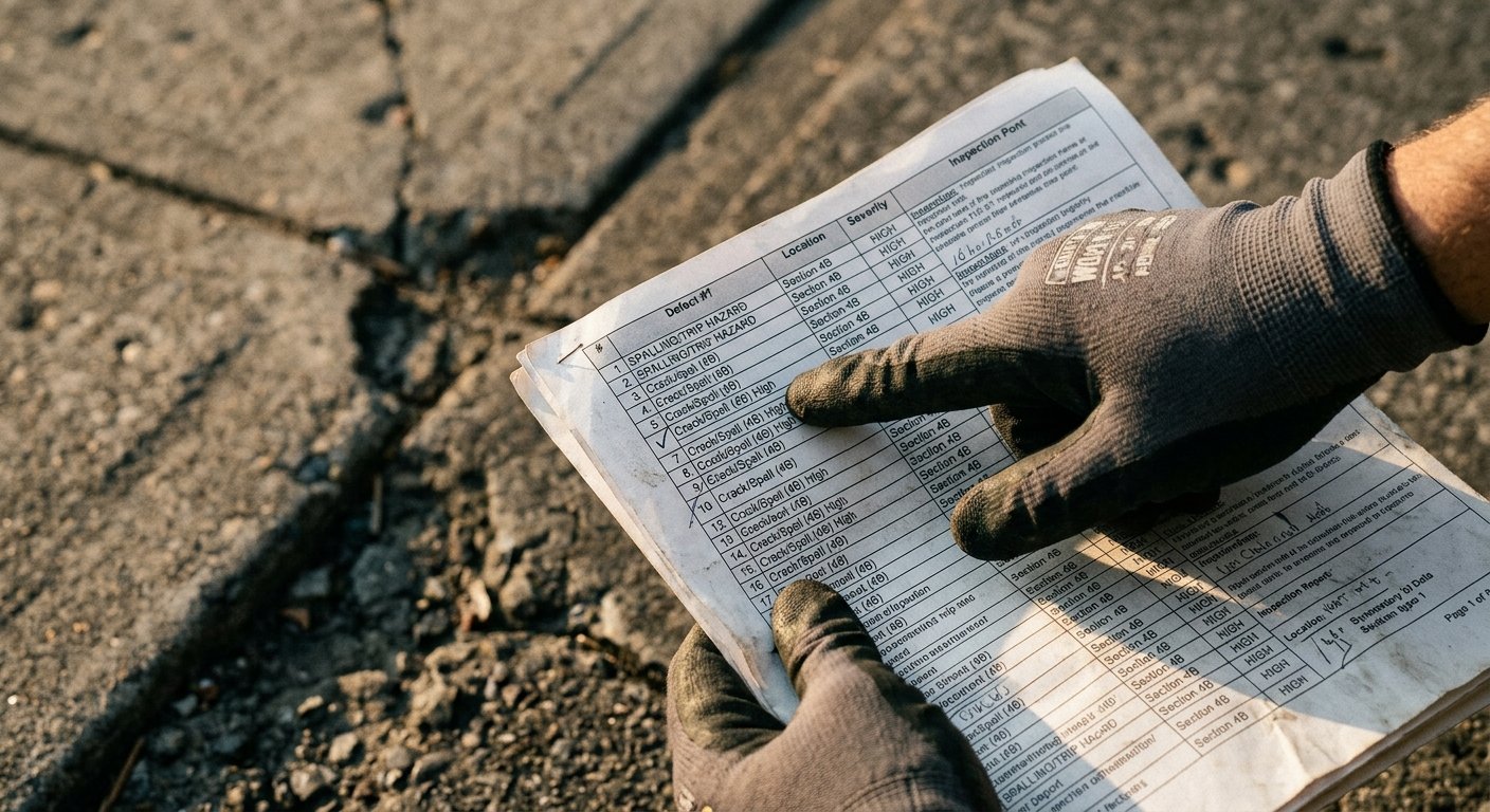 Gloved hand pointing to a numbered entry on a printed sidewalk inspection report held above cracked concrete pavement