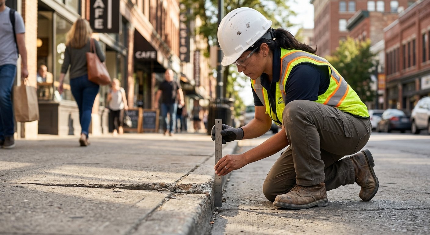 Engineer kneeling on urban sidewalk pressing a depth gauge against a raised concrete slab joint edge to measure the vertical 